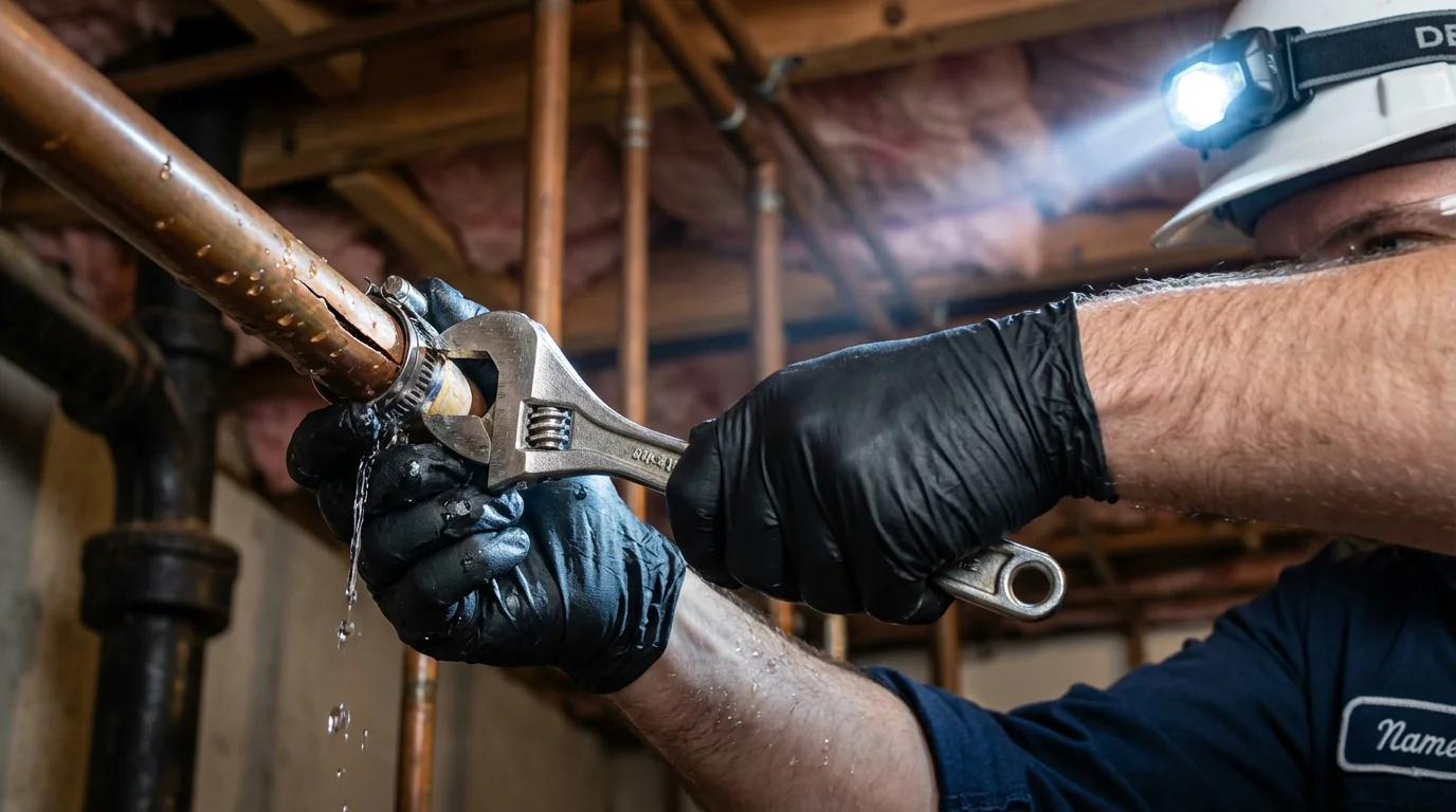 Emergency pipe clamp repair being performed by a Johns Plumbing LLC plumber in Kaysville
