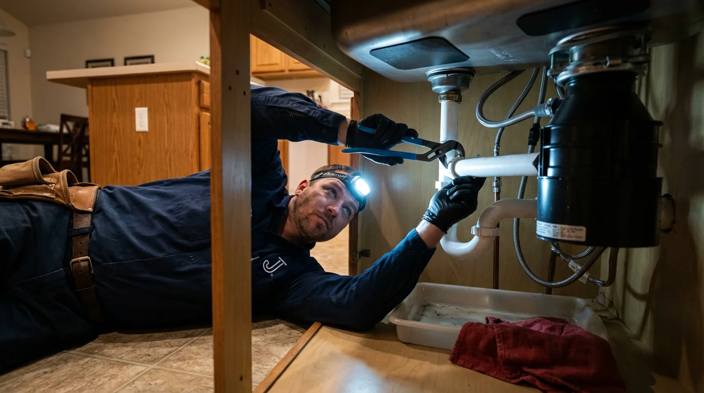 P-trap and supply line connections under a kitchen sink showing a common leak point in Kaysville, UT